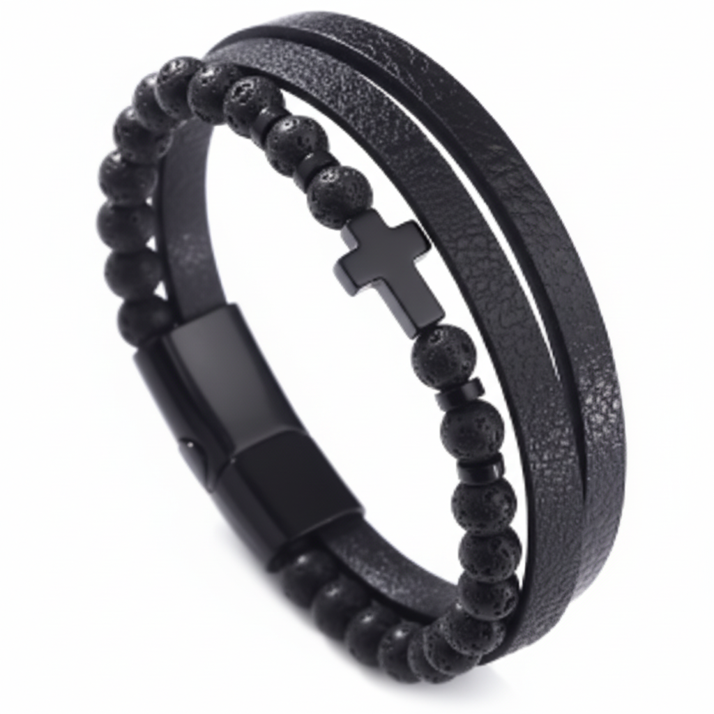 Tiger Eye Leather Bracelet - Black close-up