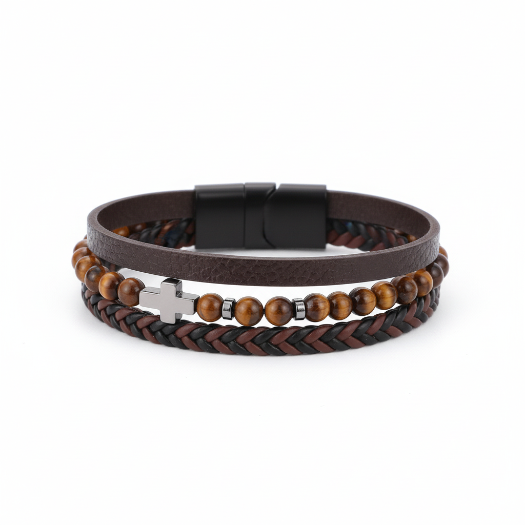 Tiger Eye Leather Bracelet - Gold variant