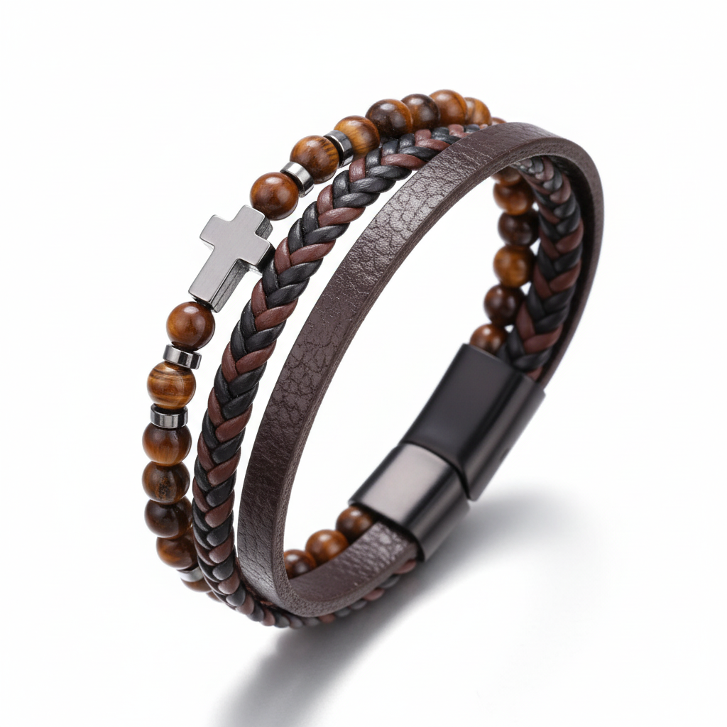 Tiger Eye Leather Bracelet - Gold close-up